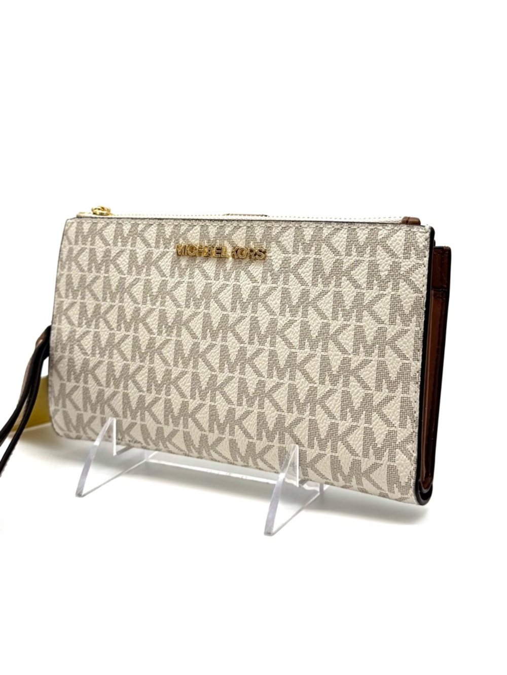 Michael Kors Large Double Zip Wallet Wristlet Vanilla/Brown